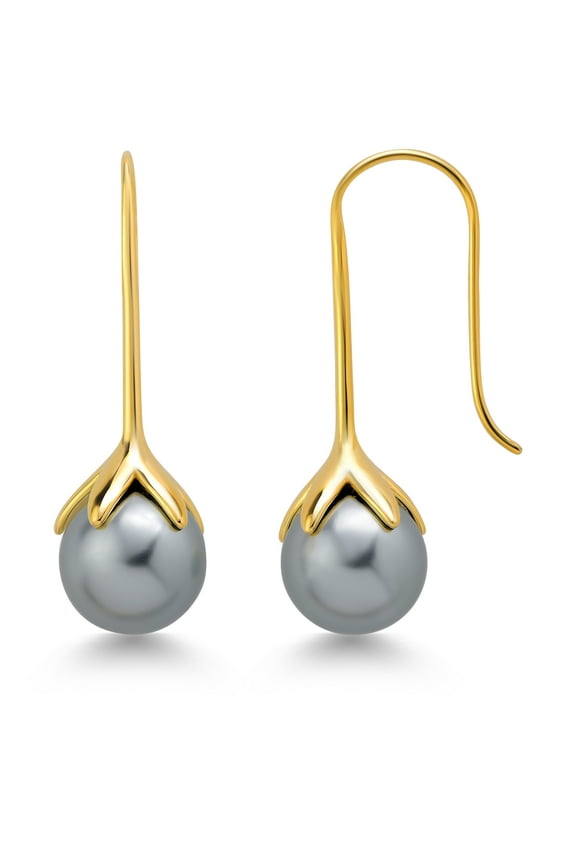 18K Yellow Gold Plated Silver 10MM Shell Pearl Bead Dangle Frenchwire Earrings for Women