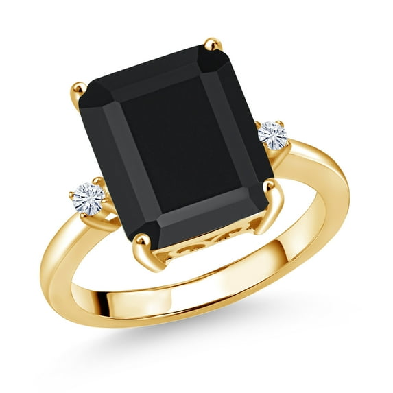 Gem Stone King 18K Yellow Gold Plated Silver 12X10MM Black Onyx and 2MM White Moissanite 3 Stone Engagement Ring for Women | 5.85 Cttw | Gemstone December Birthstone | Size 9
