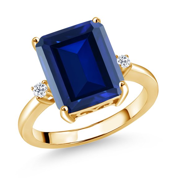 Gem Stone King 18K Yellow Gold Plated Silver 12X10MM Blue Simulated Sapphire and 2MM White Topaz 3 Stone Engagement Ring for Women | 6.78 Cttw | Gemstone September Birthstone | Size 7