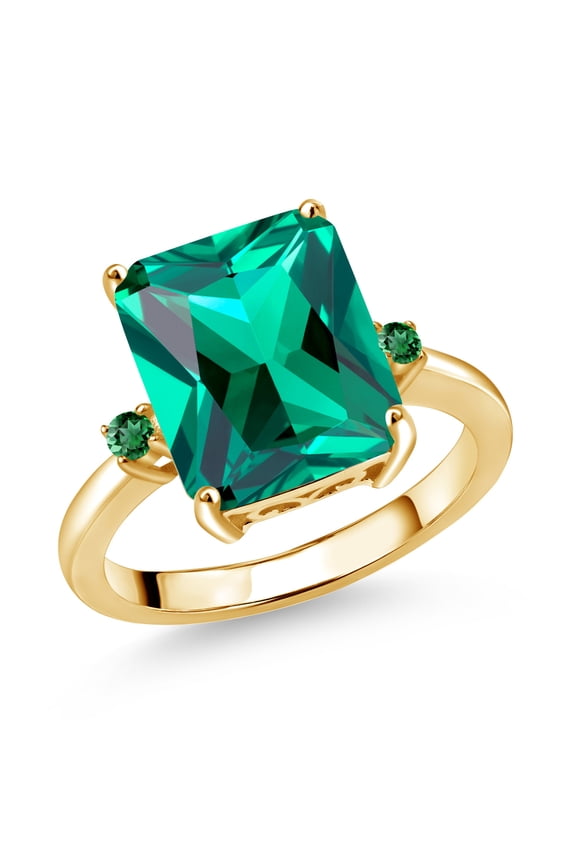 18K Yellow Gold Plated Silver 12X10MM Green Nano Emerald 3 Stone Engagement Ring for Women | 5.53 Cttw | Gemstone May Birthstone | Size 5