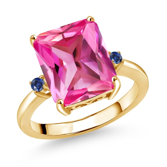 Gem Stone King 18K Yellow Gold Plated Silver 12X10MM Pink Created Sapphire and 2MM Blue Created Sapphire 3 Stone Engagement Ring for Women | 6.69 Cttw | Gemstone September Birthstone | Size 7