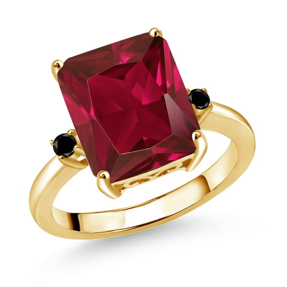 Gem Stone King 18K Yellow Gold Plated Silver 12X10MM Red Created Ruby and 2MM Black Diamond 3 Stone Engagement Ring for Women | 5.77 Cttw | Gemstone July Birthstone | Size 7