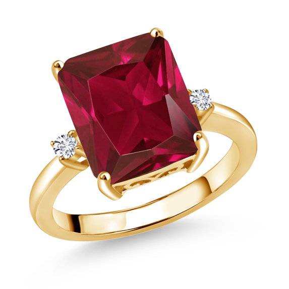 Gem Stone King 18K Yellow Gold Plated Silver 12X10MM Red Created Ruby and 2MM White Diamond 3 Stone Engagement Ring for Women | 5.77 Cttw | Gemstone July Birthstone | Size 5