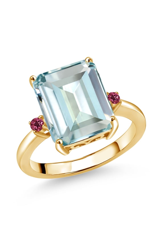 18K Yellow Gold Plated Silver 12X10MM Sky Blue Simulated Aquamarine and 2MM Pink Tourmaline 3 Stone Engagement Ring for Women | 5.47 Cttw | Gemstone March Birthstone | Size 8