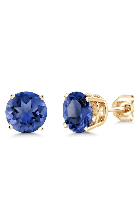 18K Yellow Gold Plated Silver 2.00 Ct 6MM Simulated Sapphire Stud Earrings for Women Men