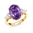 thumbnail image 1 of Gem Stone King 18K Yellow Gold Plated Silver 3-Stone Engagement Ring Amethyst Moissanite (7.80 Cttw), 1 of 6