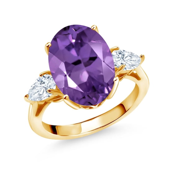 Gem Stone King 18K Yellow Gold Plated Silver 3-Stone Engagement Ring Amethyst Moissanite (7.80 Cttw)
