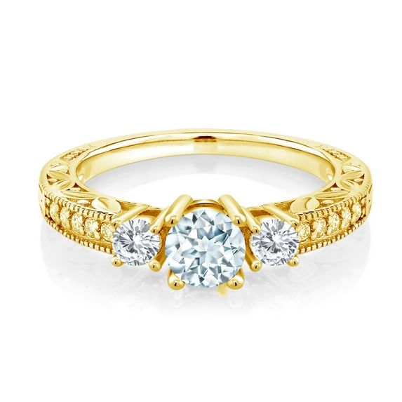 Gem Stone King 18K Yellow Gold Plated Silver 3-Stone Ring Round Sky Blue Aquamarine and Moissanite (0.83 Cttw, Size 9)