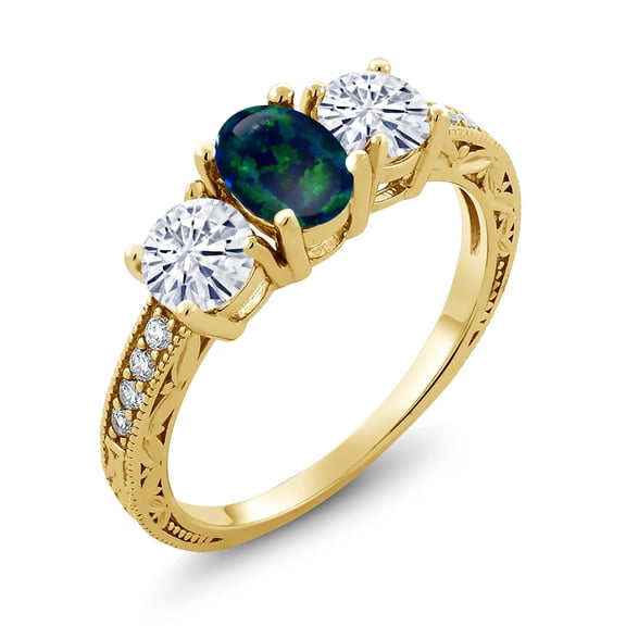 Gem Stone King 18K Yellow Gold Plated Silver 3-Stone Ring Cabochon Simulated Opal Moissanite(1.75 Cttw) (Size 6)
