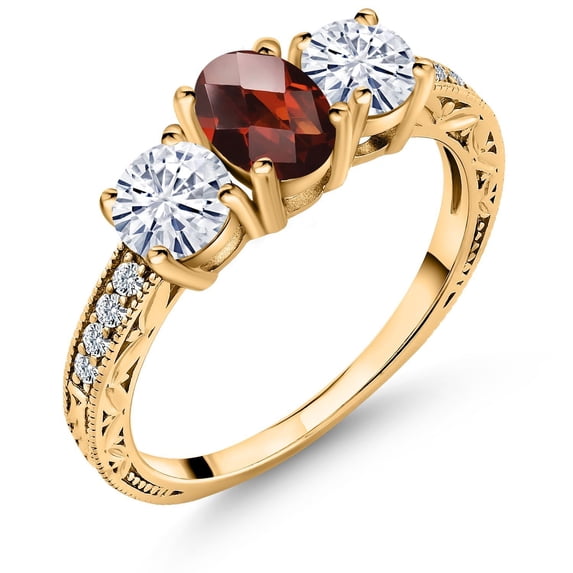 Gem Stone King 18K Yellow Gold Plated Silver 3-Stone Ring Checkerboard Garnet Moissanite (2.12 Cttw)