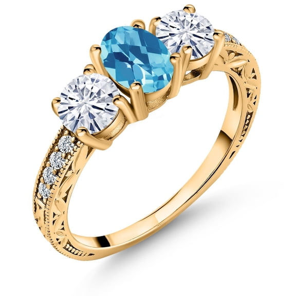 Gem Stone King 18K Yellow Gold Plated Silver 3-Stone Ring Checkerboard Topaz Moissanite (2.12 Cttw)