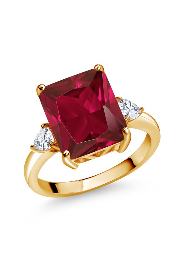 18K Yellow Gold Plated Silver 3-Stone Ring Octagon Red Created Ruby and Moissanite (6.02 Cttw, Size 5)