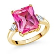 thumbnail image 1 of Gem Stone King 18K Yellow Gold Plated Silver 3-Stone Ring Octagon Pink Created Sapphire and Moissanite (6.92 Cttw, Size 6), 1 of 3