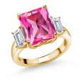 thumbnail image 1 of Gem Stone King 18K Yellow Gold Plated Silver 3-Stone Ring Octagon Pink Created Sapphire and Moissanite (7.74 Cttw, Size 9), 1 of 3