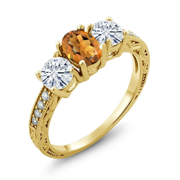 Gem Stone King 18K Yellow Gold Plated Silver 3-Stone Ring Madeira Citrine Moissanite(1.82 Cttw) (Size 6)