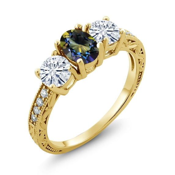 Gem Stone King 18K Yellow Gold Plated Silver 3-Stone Ring Mystic Topaz Moissanite(2.07 Cttw) (Size 9)