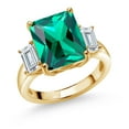 thumbnail image 1 of Gem Stone King 18K Yellow Gold Plated Silver 3-Stone Ring Emerald Cut Green Nano Emerald and Moissanite (6.62 Cttw, Size 5), 1 of 4