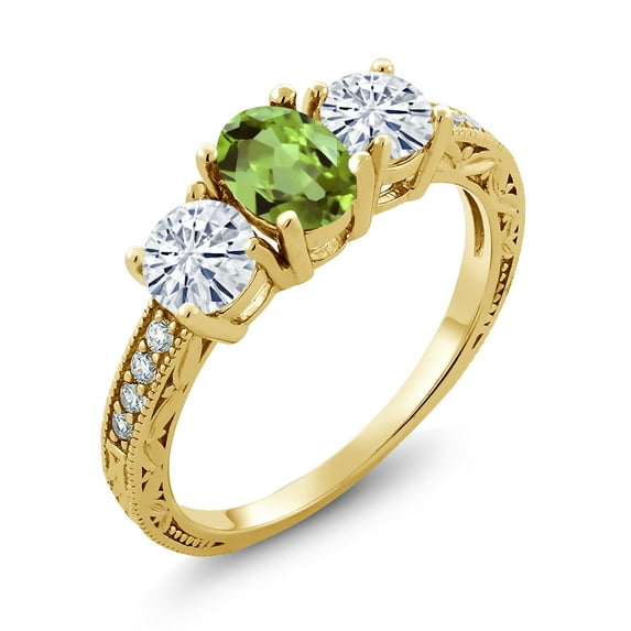 Gem Stone King 18K Yellow Gold Plated Silver 3-Stone Ring Peridot Moissanite(2.02 Cttw) (Size 9)