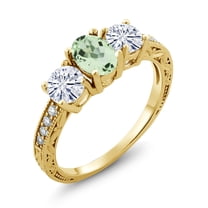 Gem Stone King 18K Yellow Gold Plated Silver 3-Stone Ring Prasiolite Moissanite(1.87 Cttw) (Size 5)