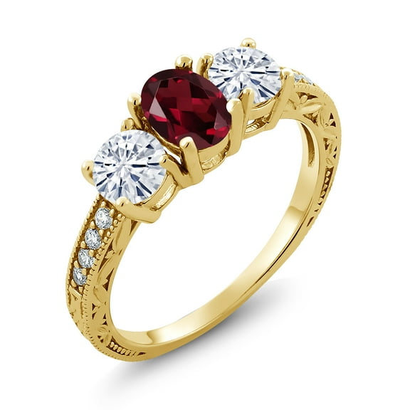 Gem Stone King 18K Yellow Gold Plated Silver 3-Stone Ring Rhodolite Garnet Moissanite(2.02 Cttw) (Size 7)