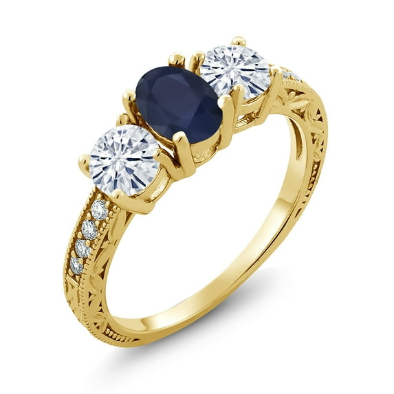 Gem Stone King 18K Yellow Gold Plated Silver 3-Stone Ring Sapphire Moissanite(2.12 Cttw) (Size 9)