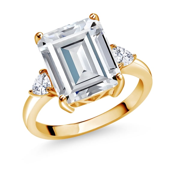 Gem Stone King 18K Yellow Gold Plated Silver 3-Stone Ring Set with Moissanite (7.70 Cttw) (Size 9)