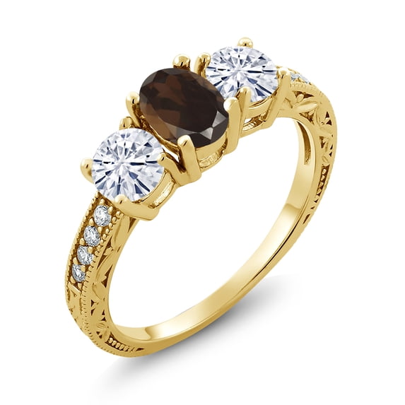 Gem Stone King 18K Yellow Gold Plated Silver 3-Stone Ring Smoky Quartz Moissanite(1.87 Cttw) (Size 9)