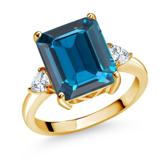 Gem Stone King 18K Yellow Gold Plated Silver 3-Stone Ring Emerald Cut London Blue Topaz and Moissanite (7.82 Cttw, Size 8)