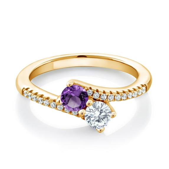 Gem Stone King 18K Yellow Gold Plated Silver Amethyst White Moissanite and Zirconia Bypass Ring for Women (0.72 Cttw, Gemstone February Birthstone, Round 4MM, Size 9)