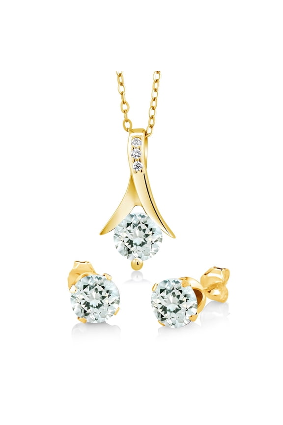 18K Yellow Gold Plated Silver Aquamarine Pendant and Earrings Set for Women  | 2.25 Cttw | Round 6MM | with 18 inch Silver Chain