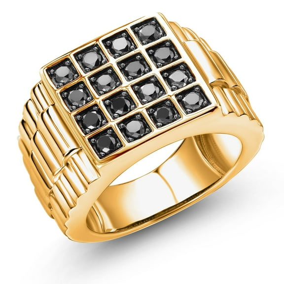 Gem Stone King 18K Yellow Gold Plated Silver Black Diamond Ring for Men (1.04 cttw Round Diamonds,Top Width 15mm, Size 8) (Size 8)