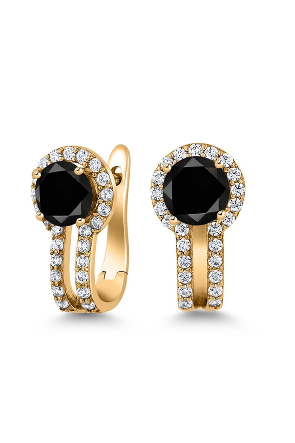 18K Yellow Gold Plated Silver Black Diamond and White Created Sapphire Earrings for Women (1.60 Cttw, Gemstone April Birthstone, Round 5MM)