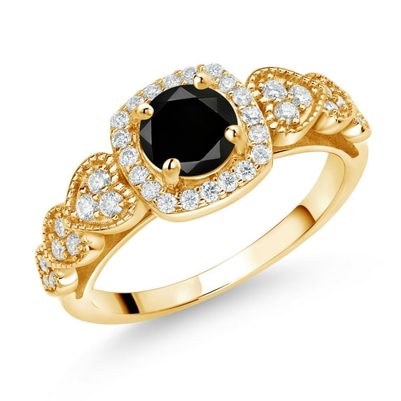 Gem Stone King 18K Yellow Gold Plated Silver Black Diamond and White Moissanite Engagement Ring for Women (1.43 Cttw, Round 6MM, Gemstone April Birthstone, Size 9)