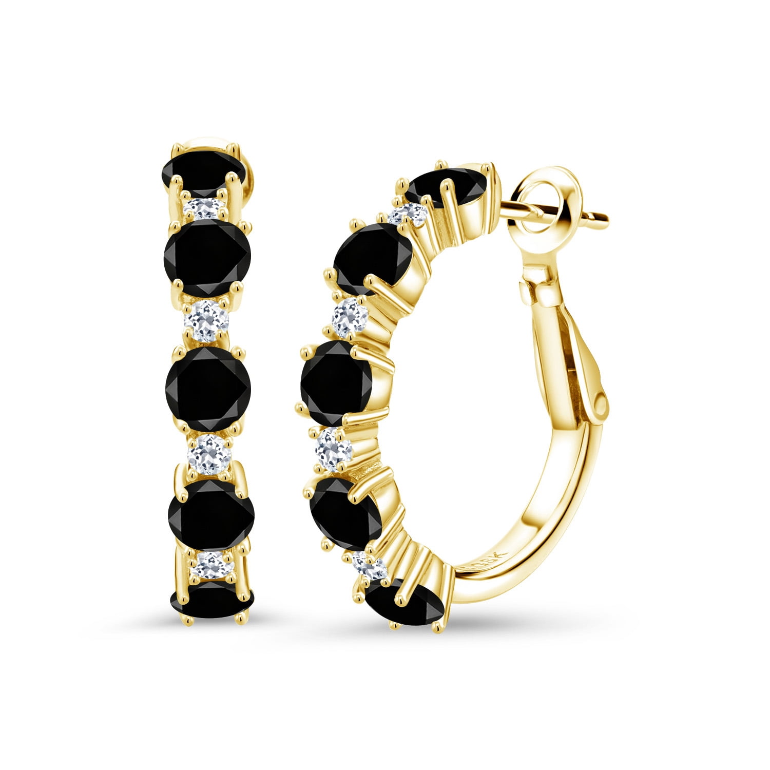 Gem Stone King 18K Yellow Gold Plated Silver Black Diamond and White Topaz Hoop Earrings for Women (3.02 Cttw, Round 4MM and 1.9MM, Gemstone Birthstone 1 inch Diameter)