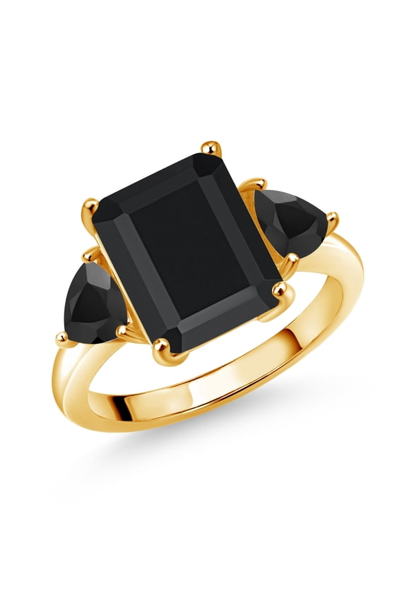 18K Yellow Gold Plated Silver Black Onyx 3 Stone Ring for Women (6.49 Cttw, Octagon 12X10MM, Trillion 5X5MM, Gemstone December Birthstone, Size 9)