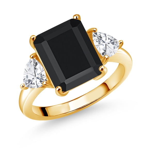 Gem Stone King 18K Yellow Gold Plated Silver Black Onyx 3 Stone Ring for Women (7.31 Cttw, Octagon 12X10MM, Trillion 5X5MM, Available in Size 5,6,7,8,9)