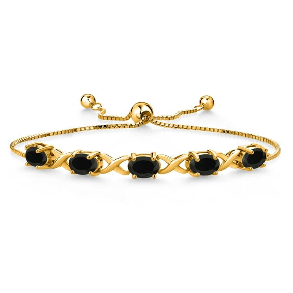 Gem Stone King 18K Yellow Gold Plated Silver Black Onyx Bracelet for Women (3.50 Cttw, Gemstone December Birthstone, Oval 7X5MM, Fully Adjustable up to 9 inches)