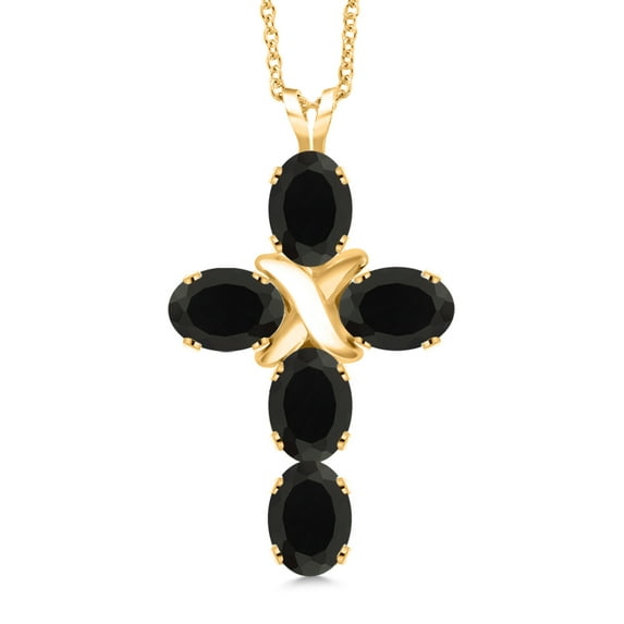 Gem Stone King 18K Yellow Gold Plated Silver Black Onyx Cross Pendant Necklace for Women (2.00 Cttw, Gemstone December Birthstone, Oval 6X4MM, With 18 inch Silver Chain)