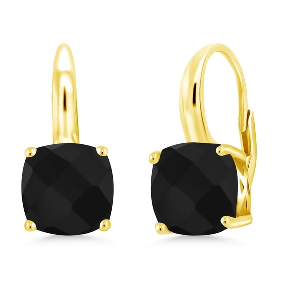 Gem Stone King 18K Yellow Gold Plated Silver Black Onyx Earrings for Women (4.22 Cttw, Gemstone Birthstone, Cushion Checkerboard 8MM)