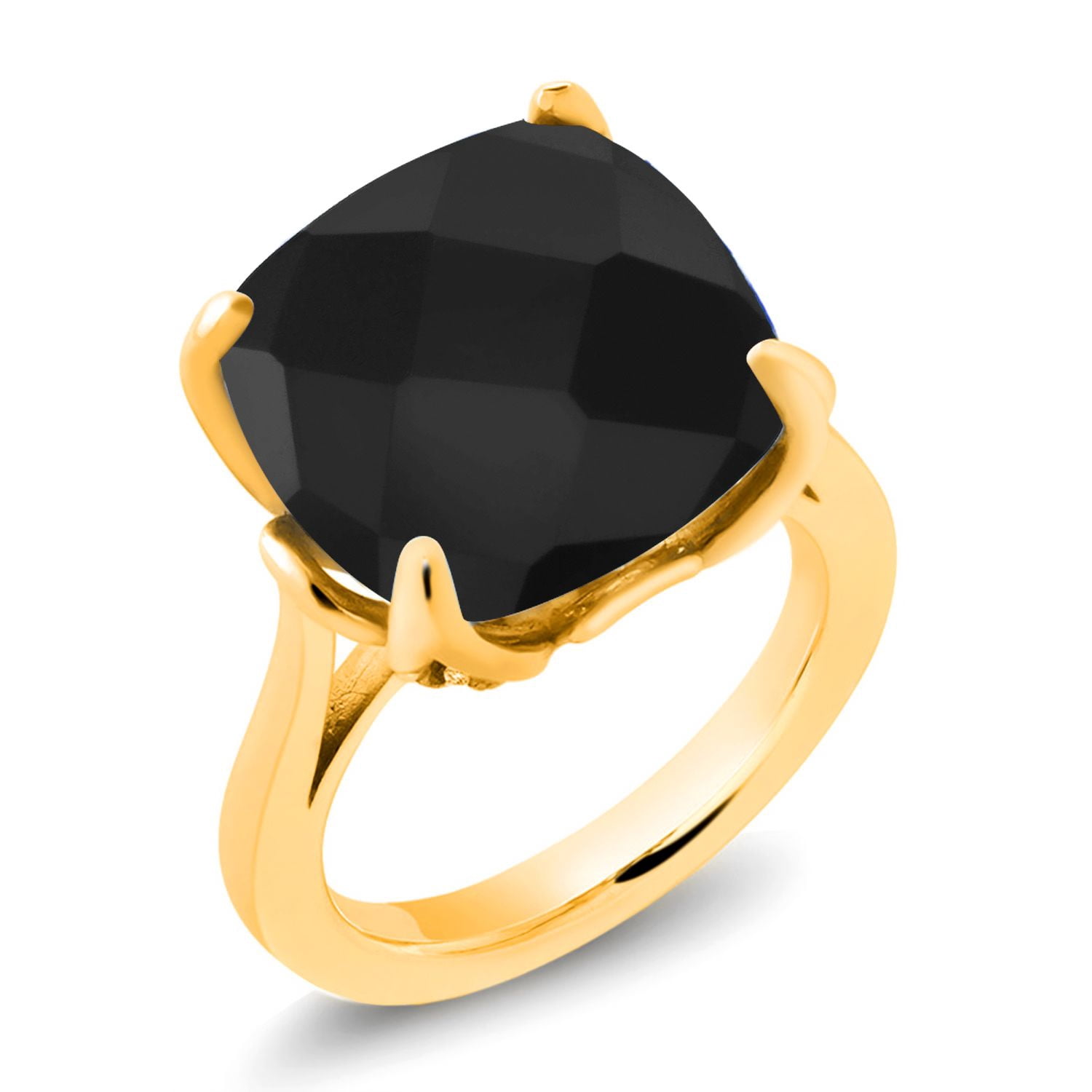 Gem Stone King 18K Yellow Gold Plated Silver Black Onyx Engagement Ring for Women (8.33 Cttw, 14MM Cushion Checkerboard, Size 5)
