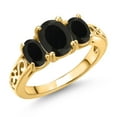 thumbnail image 1 of Gem Stone King 18K Yellow Gold Plated Silver Black Onyx Filigree Style 3 Stone Ring for Women (2.40 Cttw, Oval 8X6MM and 6X4MM) (Size 9), 1 of 6