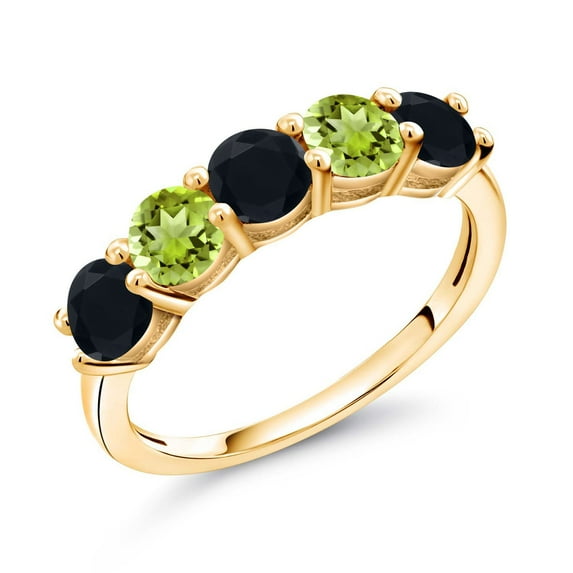 Gem Stone King 18K Yellow Gold Plated Silver Black Onyx and Green Peridot Wedding Band Ring for Women (0.80 Cttw, Round 3.5MM, Gemstone December Birthstone, Size 9)