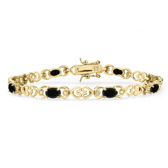 Gem Stone King 18K Yellow Gold Plated Silver Black Onyx and Lab Grown Diamond Bracelet for Women | 3.21 Cttw | Gemstone December Birthstone | Oval 6X4MM | Length 7.25 inches