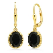 GEM STONE KING 18K Yellow Gold Plated Silver Black Onyx Leverback Dangle Earrings for Women (4.00 Cttw, Gemstone December Birthstone, Oval 9X7MM)