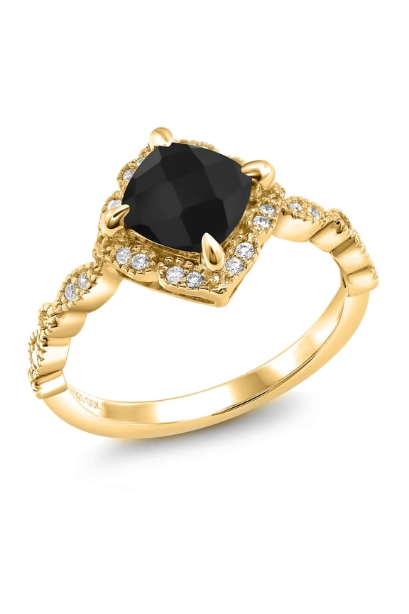 18K Yellow Gold Plated Silver Black Onyx and Moissanite Solitaire Ring for Women (1.80 Cttw, Cushion Checkerboard Cut 7MM, Gemstone, Available in Size 5, 6, 7, 8, 9)