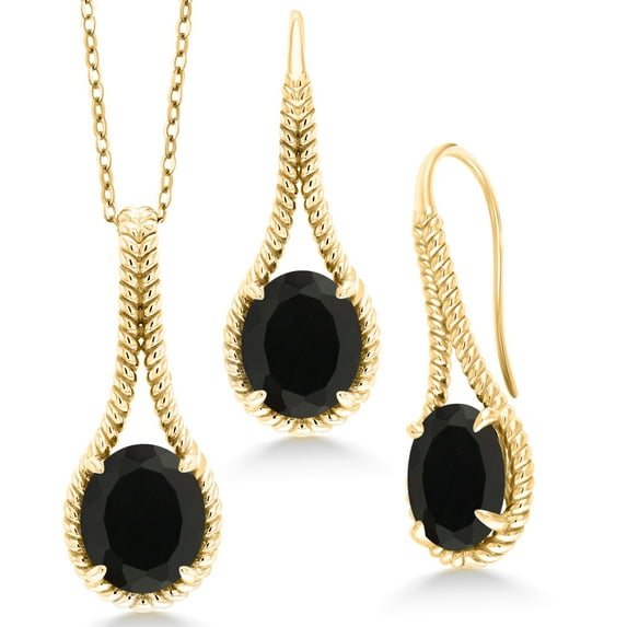 Gem Stone King 18K Yellow Gold Plated Silver Black Onyx Pendant and Earrings Jewelry Set for Women (12.00 Cttw, Gemstone Birthstone, With 18 inch Chain)