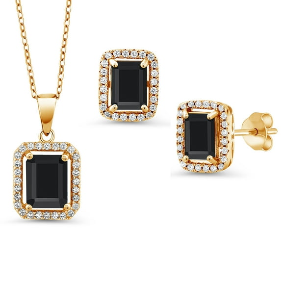Gem Stone King 18K Yellow Gold Plated Silver Black Onyx Pendant and Earrings Jewelry Set for Women | 6.13 Cttw | Emerald Cut 9X7MM and 8X6MM | Gemstone December Birthstone | with 18 inch Silver Chain