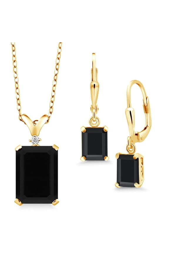 18K Yellow Gold Plated Silver Black Onyx Pendant and Earrings Jewelry Set for Women (9.88 Cttw, Gemstone Birthstone, with 18 inch Chain)