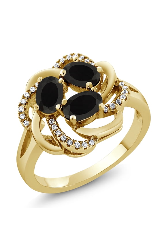 18K Yellow Gold Plated Silver Black Onyx Ring for Women (1.54 Cttw, Oval 6X4MM, Gemstone December Birthstone, Available in Size 5, 6, 7, 8, 9)