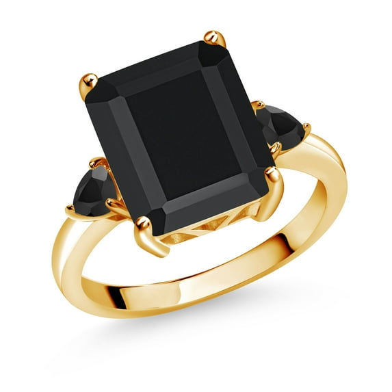 Gem Stone King 18K Yellow Gold Plated Silver Black Onyx 3-Stone Ring for Women | 6.01 Ct | Emerald Cut 12X10MM | Gemstone Birthstone | Three Stone Wedding Engagement Anniversary Promise Ring | Size 5